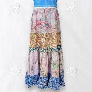 Boho Whimsygoth Multi Pink Blue Tiered Cotton Full Maxi Skirt L